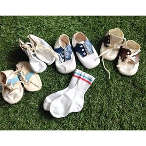 Lot Of Vintage Baby Saddle Shoes Ideal Brown Blue Leather Size 1 One Pair Socks